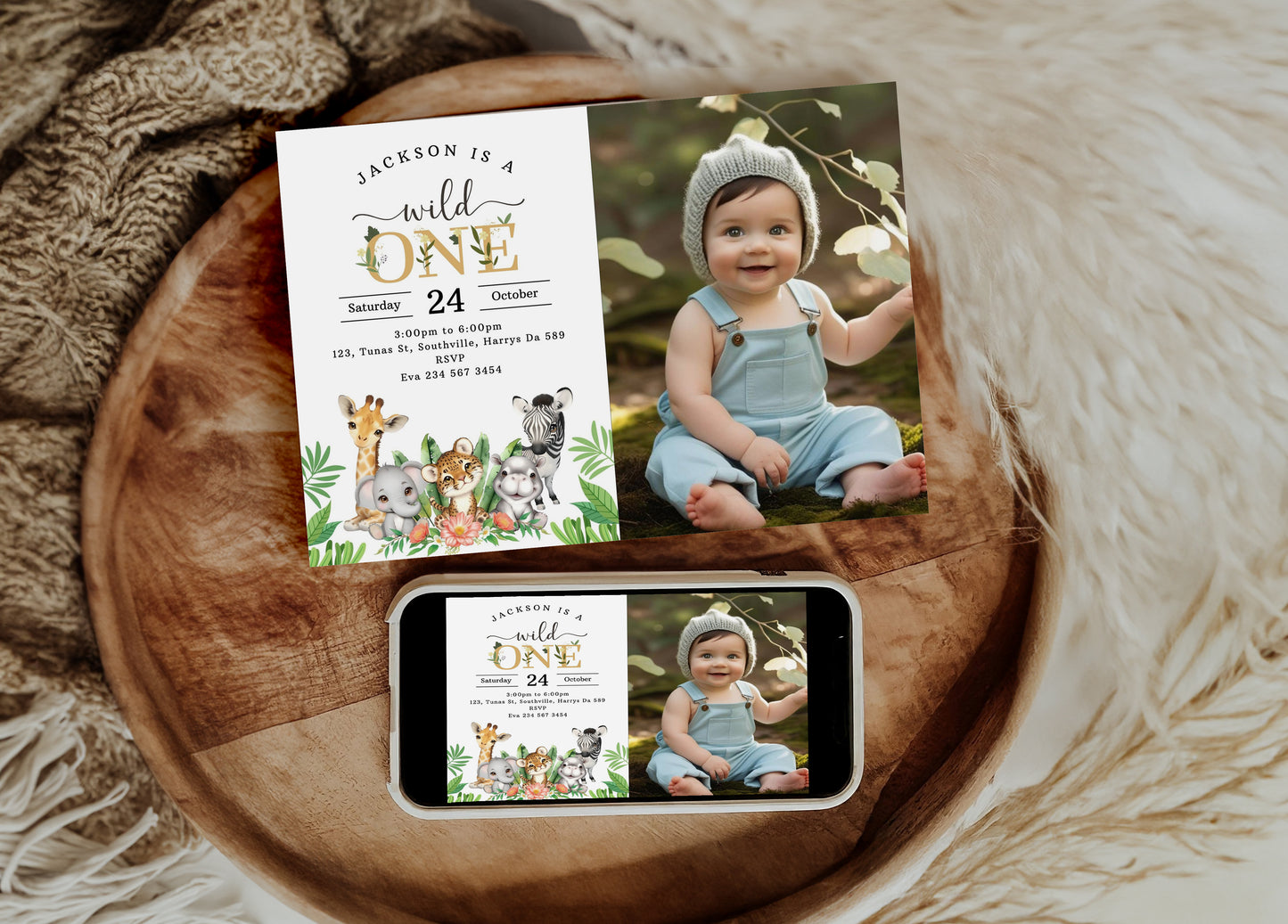 Photo Wild One First Birthday Invitation Template, Editable Safari 1st Birthday Invite, Jungle Evite, Instant Download, Printable, 0535