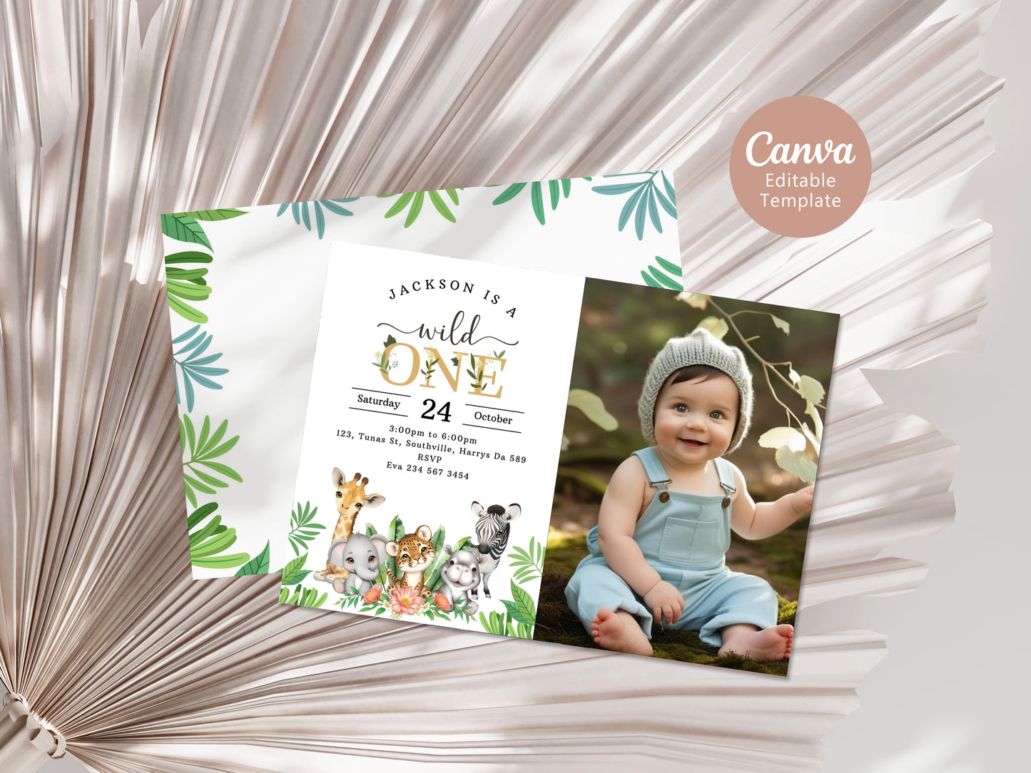 Photo Wild One First Birthday Invitation Template, Editable Safari 1st Birthday Invite, Jungle Evite, Instant Download, Printable, 0535