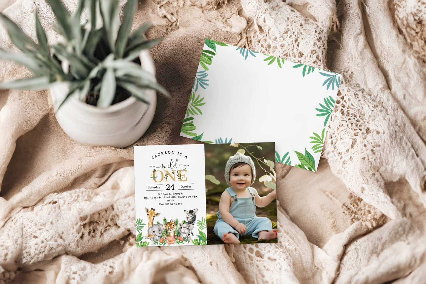 Photo Wild One First Birthday Invitation Template, Editable Safari 1st Birthday Invite, Jungle Evite, Instant Download, Printable, 0535