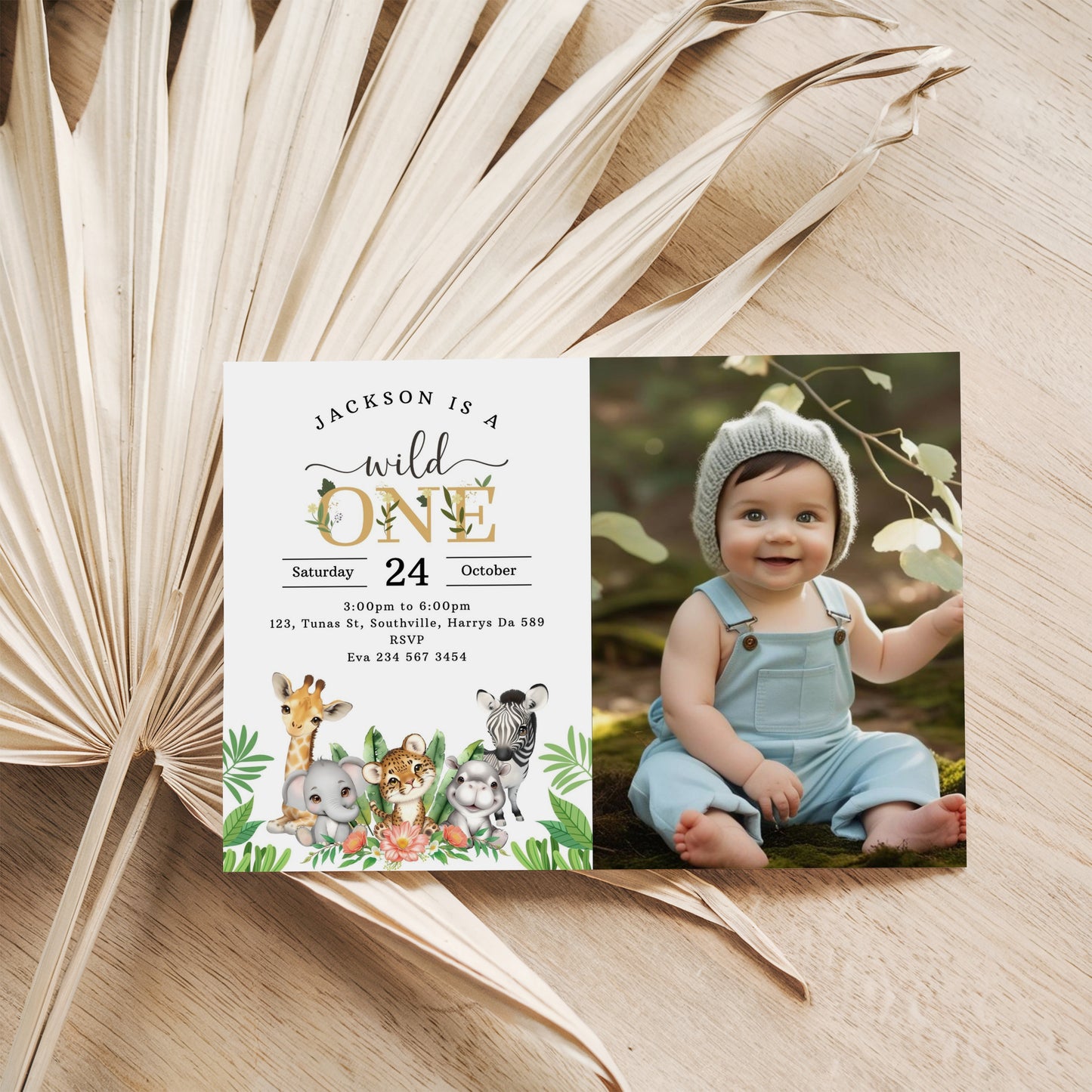Photo Wild One First Birthday Invitation Template, Editable Safari 1st Birthday Invite, Jungle Evite, Instant Download, Printable, 0535