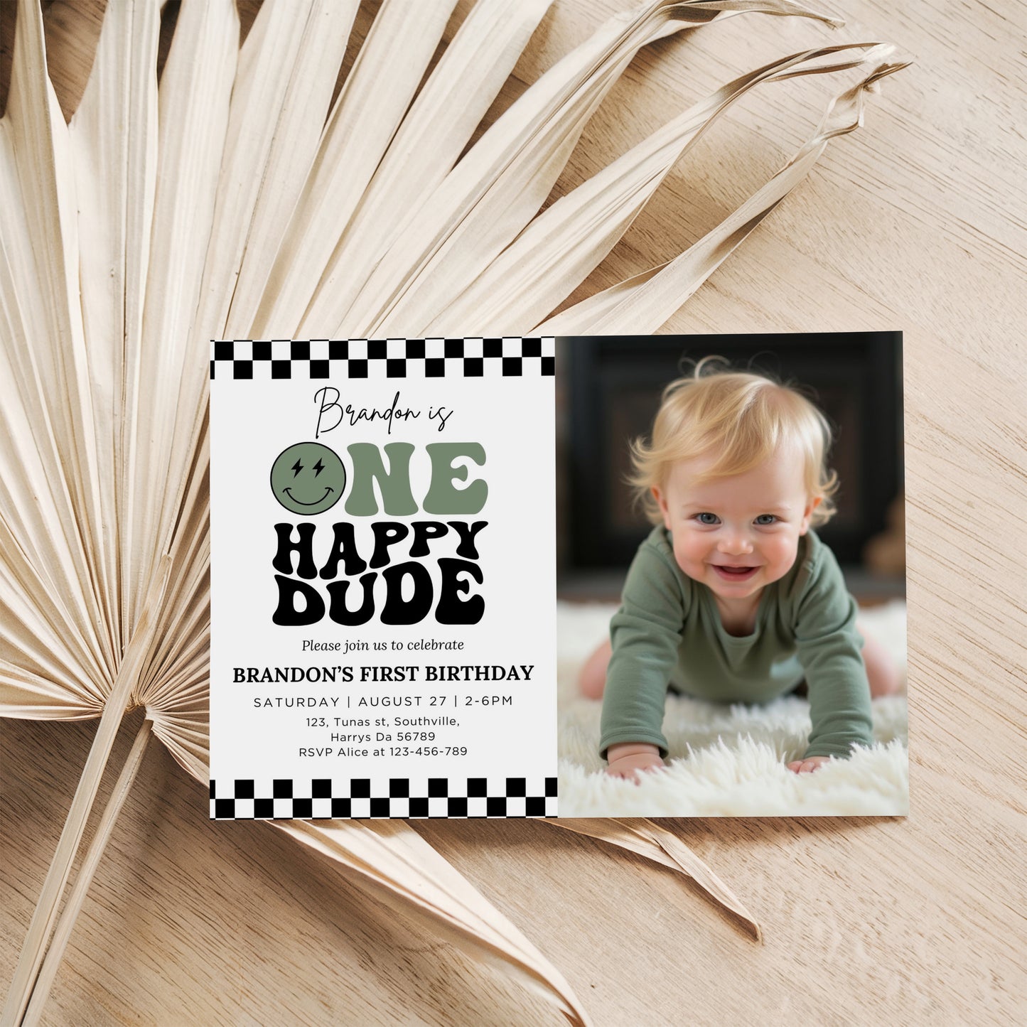 One Happy Dude Birthday Sage Green Invitation Digital, Editable Birthday Invitation One Happy Dude invite Boys Sage Green first birthday invitation, Evite, 0540