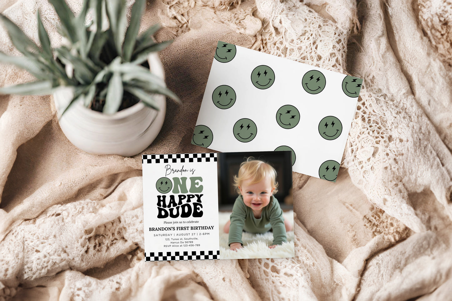 One Happy Dude Birthday Sage Green Invitation Digital, Editable Birthday Invitation One Happy Dude invite Boys Sage Green first birthday invitation, Evite, 0540