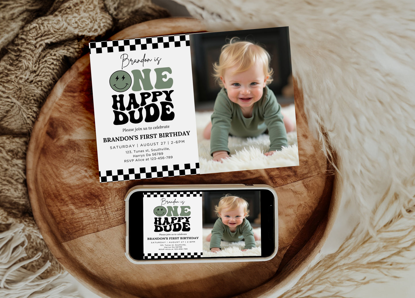 One Happy Dude Birthday Sage Green Invitation Digital, Editable Birthday Invitation One Happy Dude invite Boys Sage Green first birthday invitation, Evite, 0540