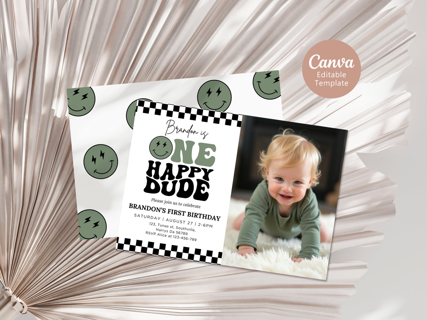 One Happy Dude Birthday Sage Green Invitation Digital, Editable Birthday Invitation One Happy Dude invite Boys Sage Green first birthday invitation, Evite, 0540