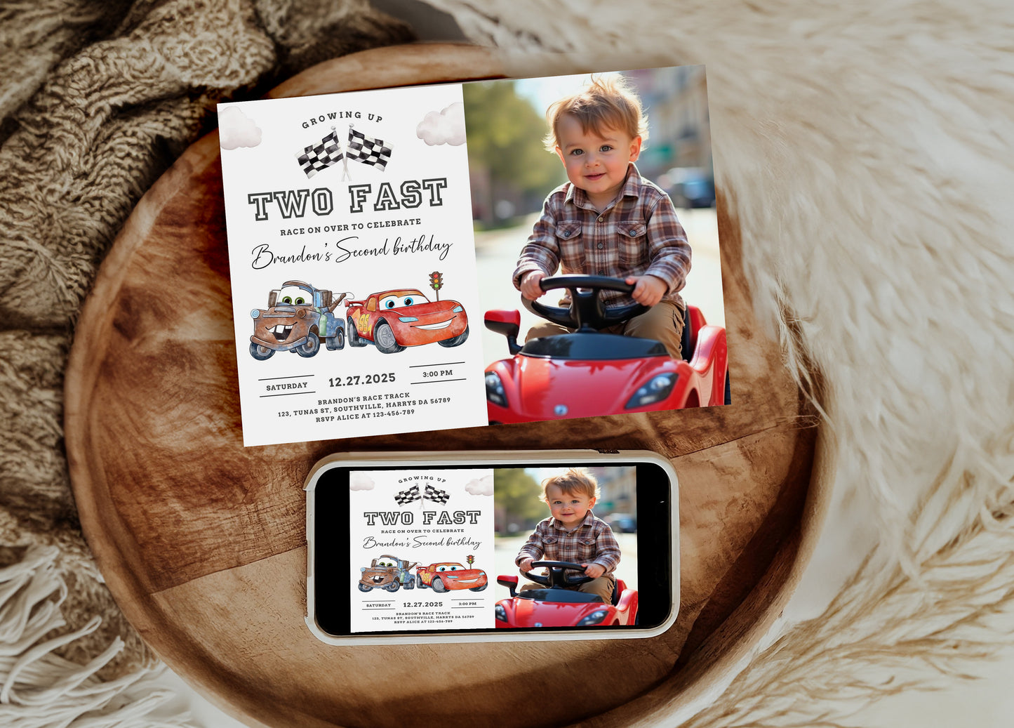 Editable Two Fast Birthday Invitation with photo, Cars Lighting McQueen Invitation, Race Car 2nd Birthday with a picture, Digital Canva 0622
