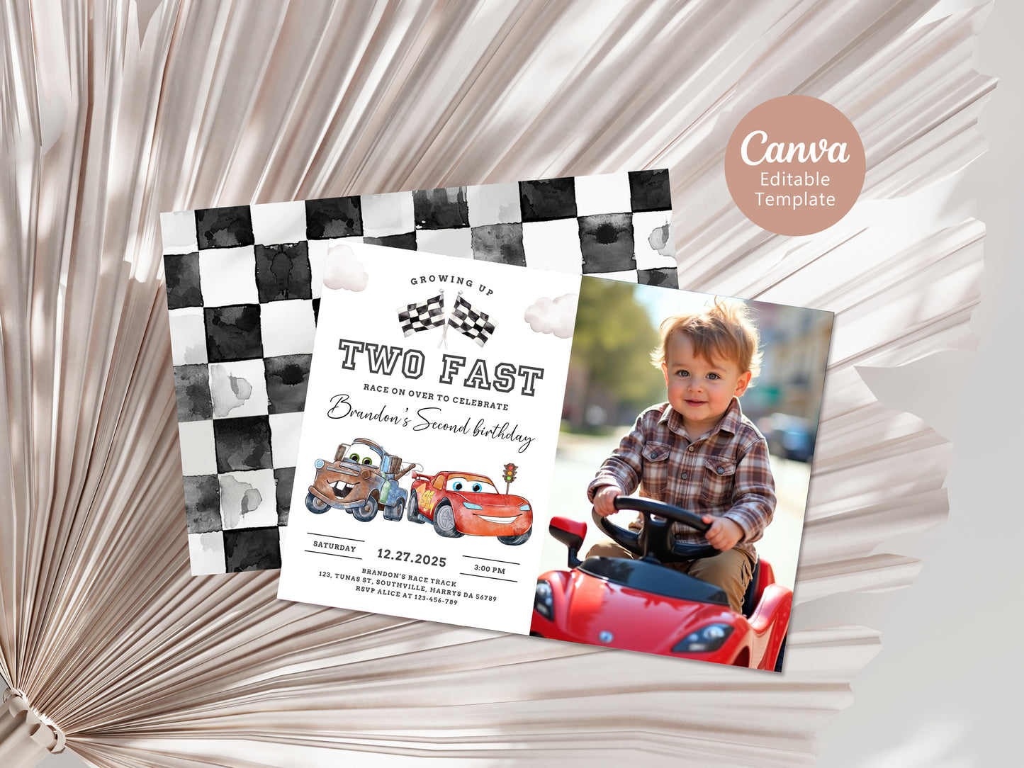 Editable Two Fast Birthday Invitation with photo, Cars Lighting McQueen Invitation, Race Car 2nd Birthday with a picture, Digital Canva 0622