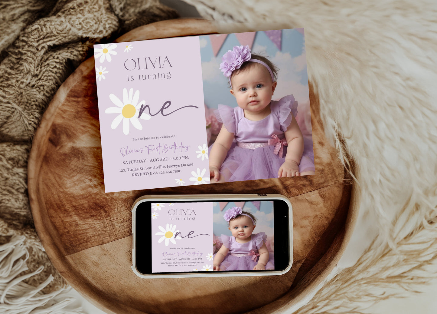 Daisy Photo Birthday Invitation Template, Printable Photo Invitation, Girl Birthday, Evite, Digital Invite, Edit yourself Corjil 0659