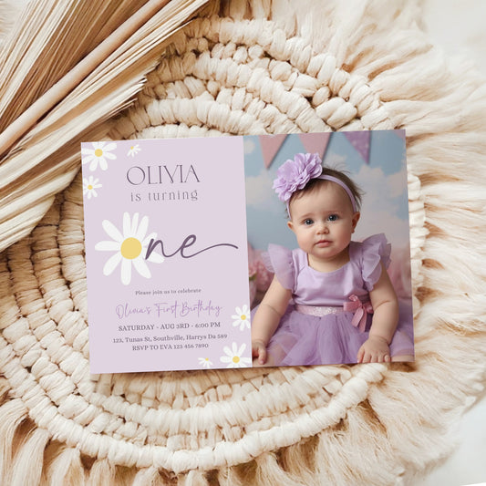 Daisy Photo Birthday Invitation Template, Printable Photo Invitation, Girl Birthday, Evite, Digital Invite, Edit yourself Corjil 0659