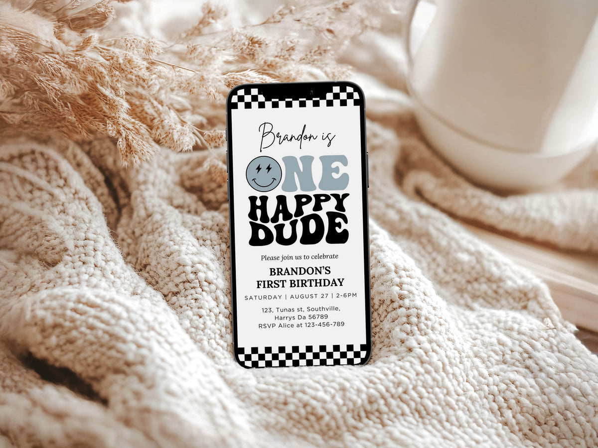 Editable One Happy Dude First Birthday Invitation Blue Electronic Cool Boy 1st Birthday Party Invite Mobile Template, Evite Digital, 0411