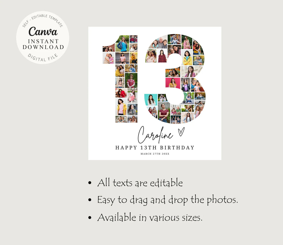 13th Birthday Photo Collage, 13th Birthday Gift, Birthday Number 13 Printable, 13th Photo Collage Template, Editable 18th Birthday, Canva 0669