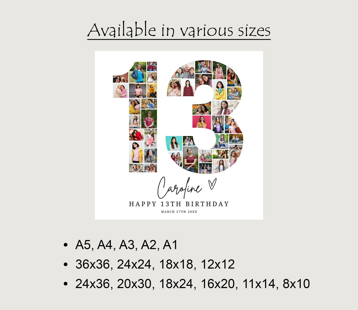 13th Birthday Photo Collage, 13th Birthday Gift, Birthday Number 13 Printable, 13th Photo Collage Template, Editable 18th Birthday, Canva 0669