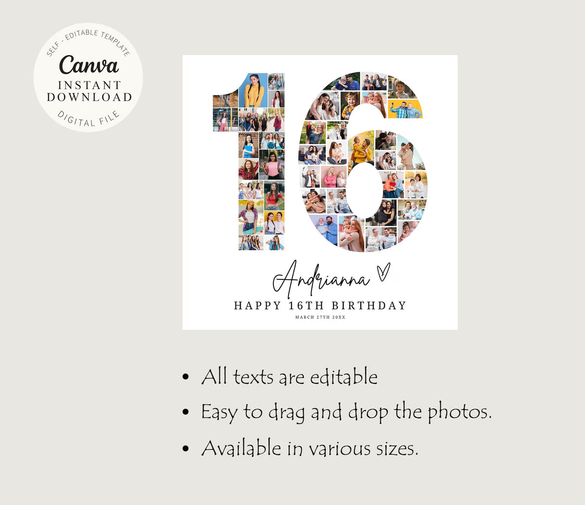 16th Birthday Photo Collage Template, Editable 16th Birthday Welcome Sign Gender Neutral 16th Printable Milestone Sign, Look Who's 16, Canva 0577