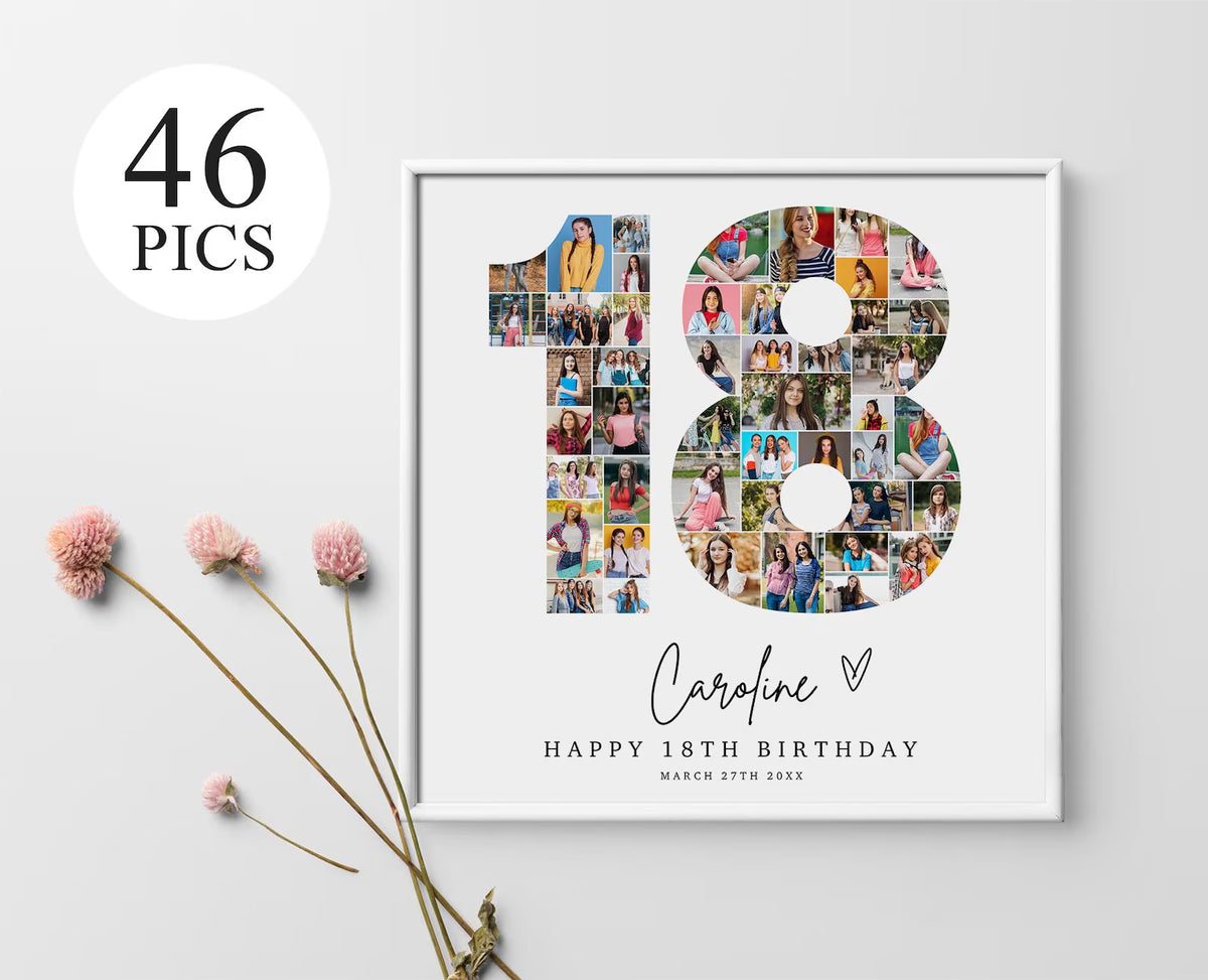 18th Birthday Photo Collage, 18th Birthday Gift, Birthday Number 18 Printable, 18th Photo Collage Template, Editable 18th Birthday, Canva 0534