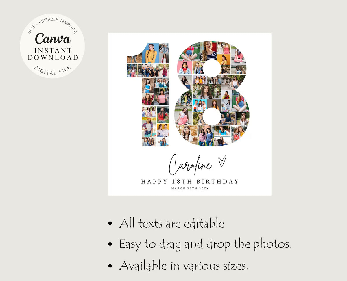 18th Birthday Photo Collage, 18th Birthday Gift, Birthday Number 18 Printable, 18th Photo Collage Template, Editable 18th Birthday, Canva 0534