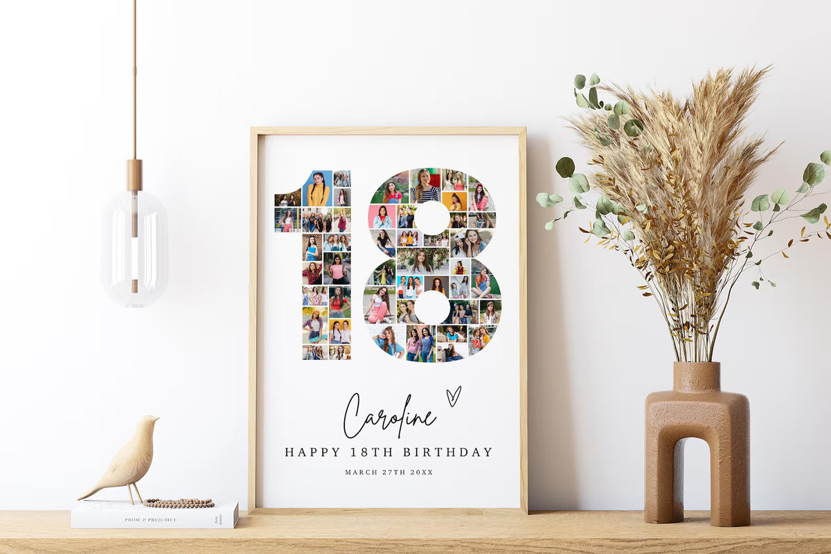 18th Birthday Photo Collage, 18th Birthday Gift, Birthday Number 18 Printable, 18th Photo Collage Template, Editable 18th Birthday, Canva 0534