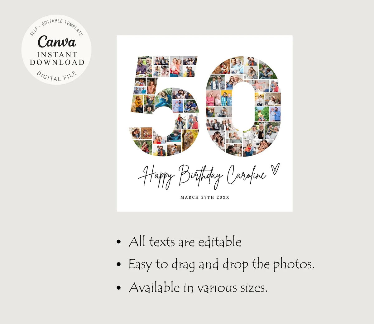 EDITABLE 50th Birthday Photo Collage, 50th Birthday Photo Poster Template, 50th Birthday Gifts, 50th Birthday Party Decorations, Canva 0597