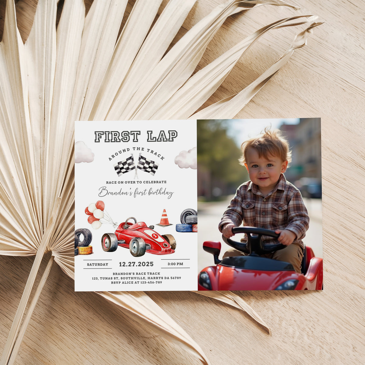 Race Car Photo Birthday Invitation Card, First Lap Around the Track, Printable Fast One 1st Birthday, Editable Canva Template, Evite, 0545