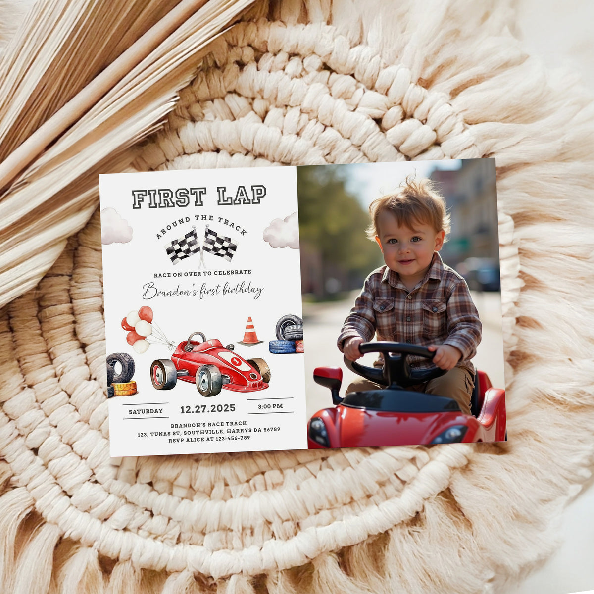 Race Car Photo Birthday Invitation Card, First Lap Around the Track, Printable Fast One 1st Birthday, Editable Canva Template, Evite, 0545
