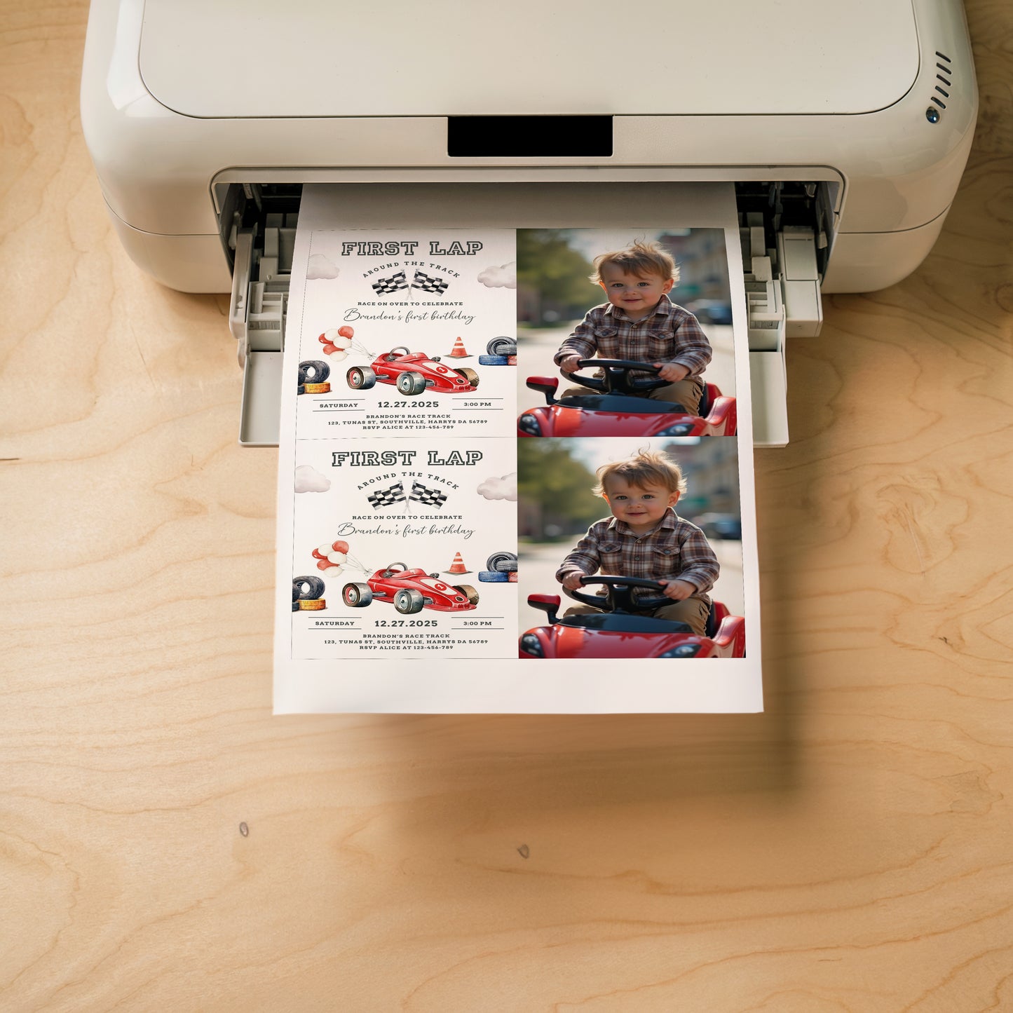 Race Car Photo Birthday Invitation Card, First Lap Around the Track, Printable Fast One 1st Birthday, Editable Canva Template, Evite, 0545
