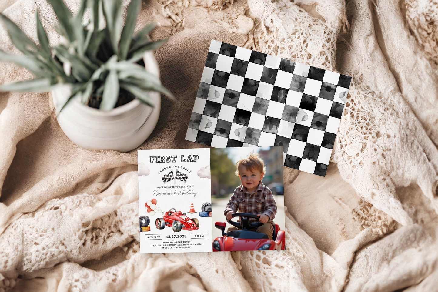 Race Car Photo Birthday Invitation Card, First Lap Around the Track, Printable Fast One 1st Birthday, Editable Canva Template, Evite, 0545