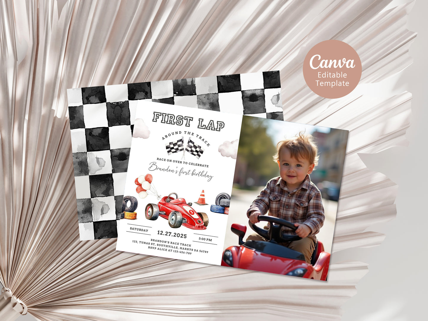 Race Car Photo Birthday Invitation Card, First Lap Around the Track, Printable Fast One 1st Birthday, Editable Canva Template, Evite, 0545