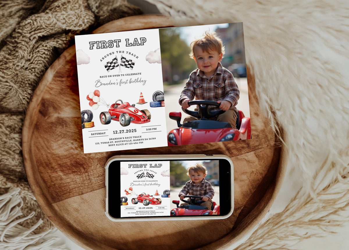 Race Car Photo Birthday Invitation Card, First Lap Around the Track, Printable Fast One 1st Birthday, Editable Canva Template, Evite, 0545