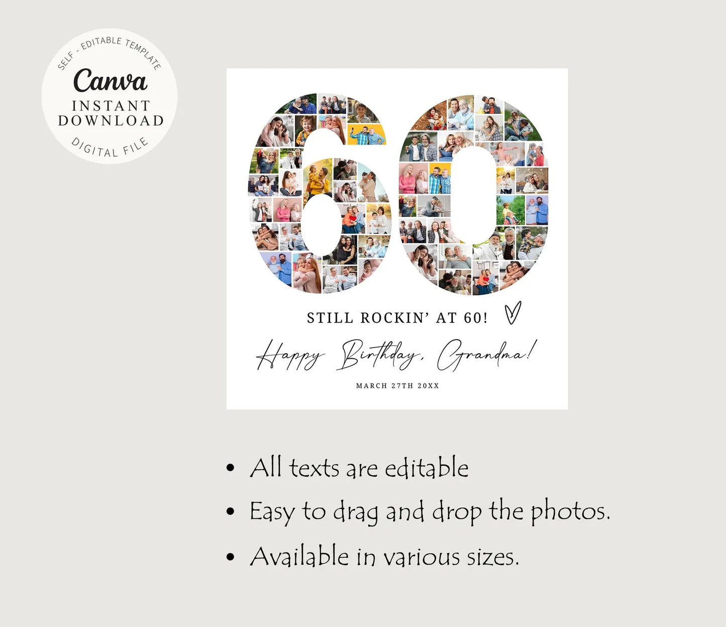 60th EDITABLE Photo Poster, Birthday Photo Collage, Birthday Collage, Number Collage, 60th Birthday Gift, 60th Birthday Decorations, Canva 0575