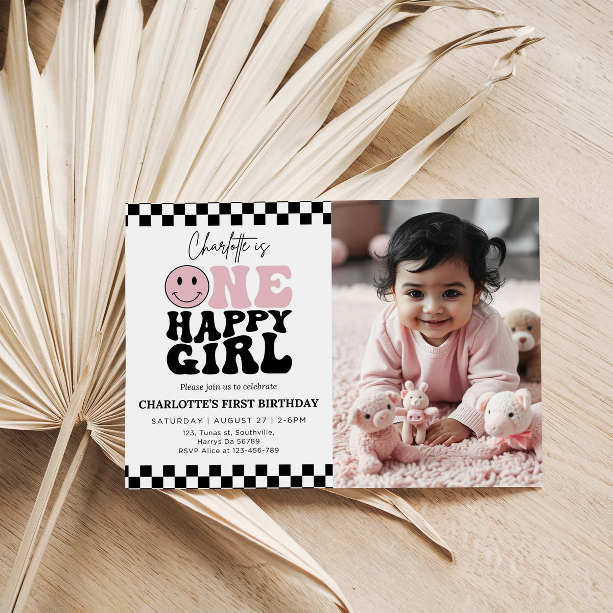 Editable ONE Happy Girl Birthday Invitation in Pink, One Happy Girl Birthday Photo Invite Girls First Birthday Idea ONE Happy Girl Party 0640