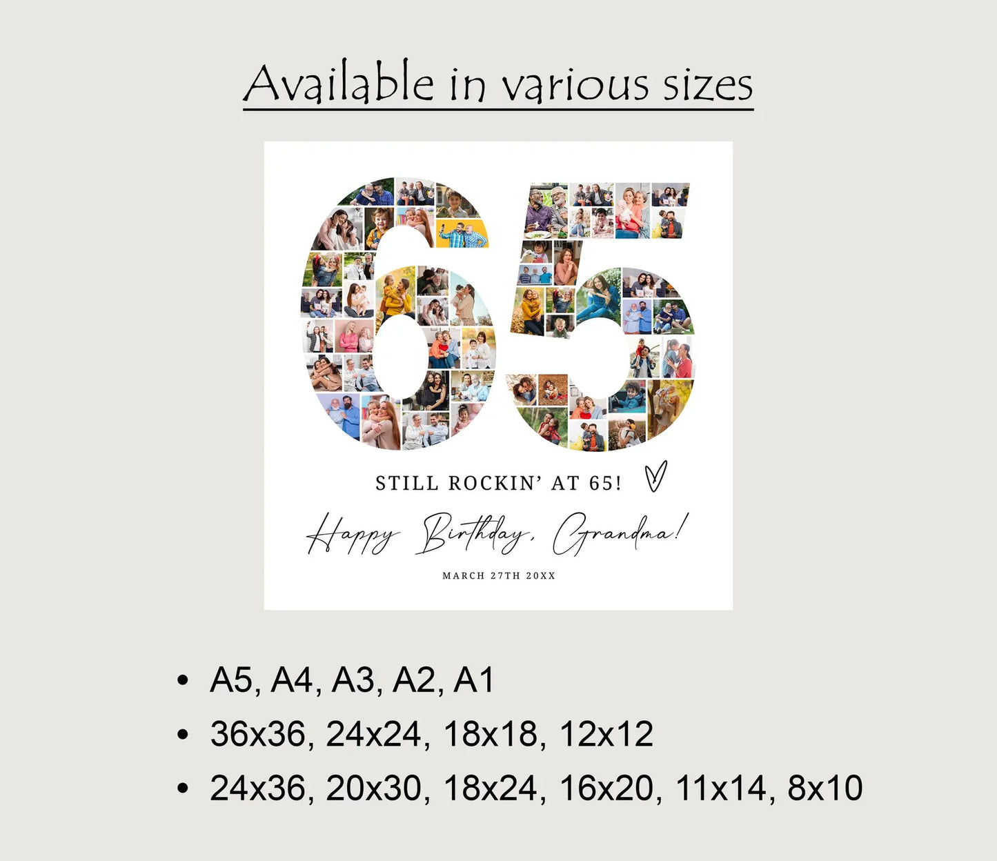 65th EDITABLE Photo Poster, Birthday Photo Collage, Birthday Collage, Number Collage, 65th Birthday Gift, 65th Birthday Decorations, Canva 0573