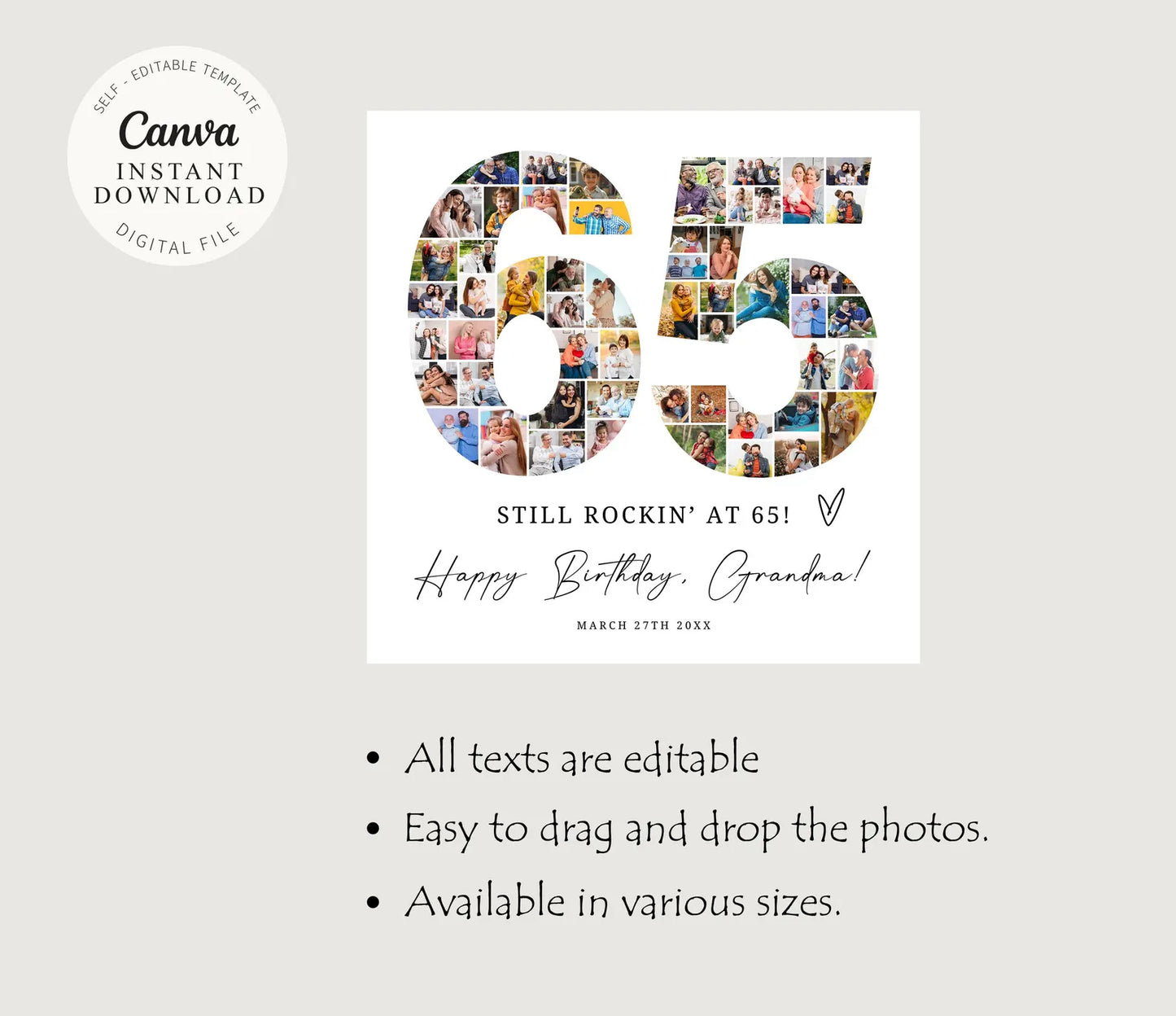 65th EDITABLE Photo Poster, Birthday Photo Collage, Birthday Collage, Number Collage, 65th Birthday Gift, 65th Birthday Decorations, Canva 0573