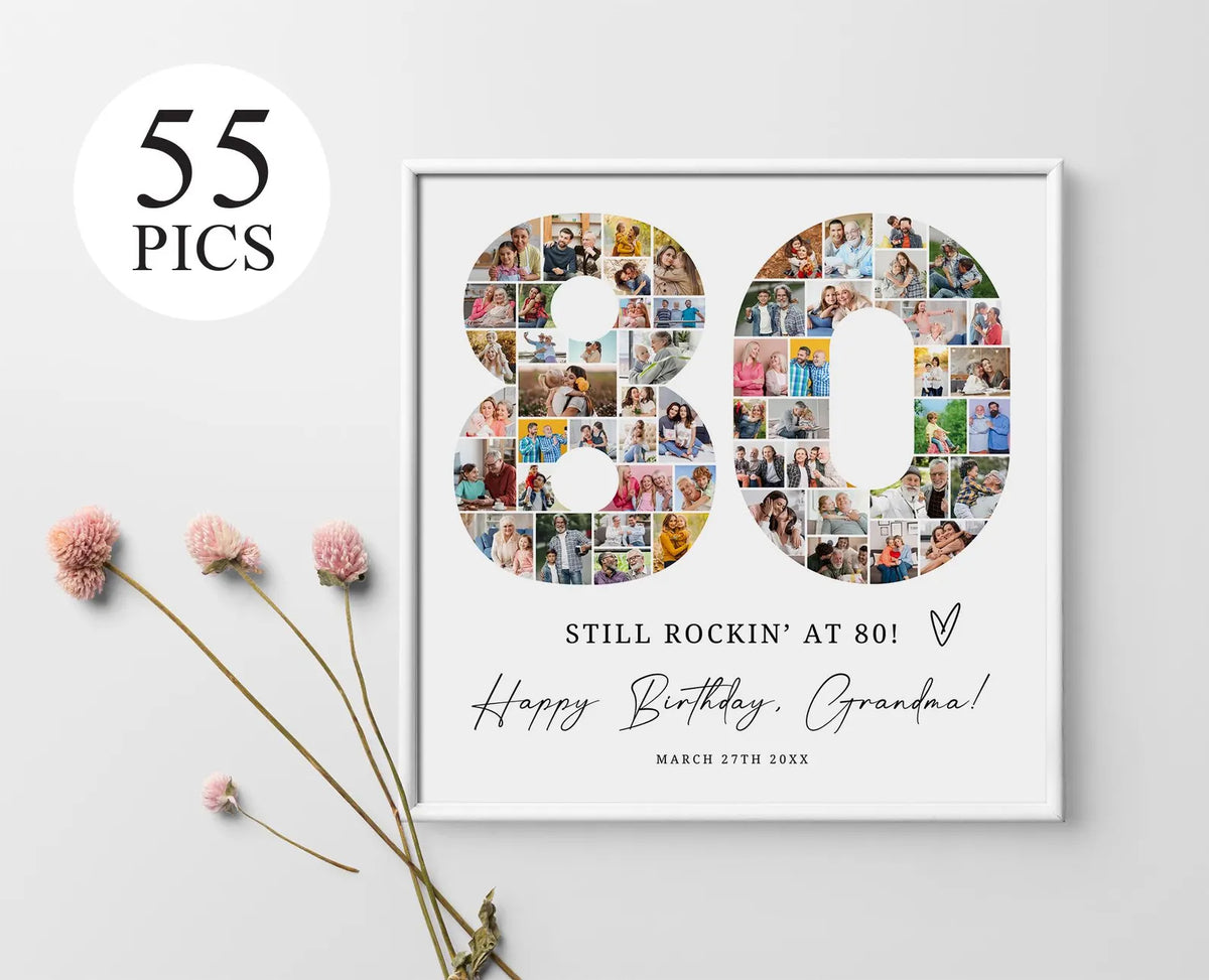 80th Birthday Photo Collage Template, Personalized 80th Birthday Gift for Grandma or Grandpa, Number Collage, Dad Gift, Birthday Gift, Canva 0562