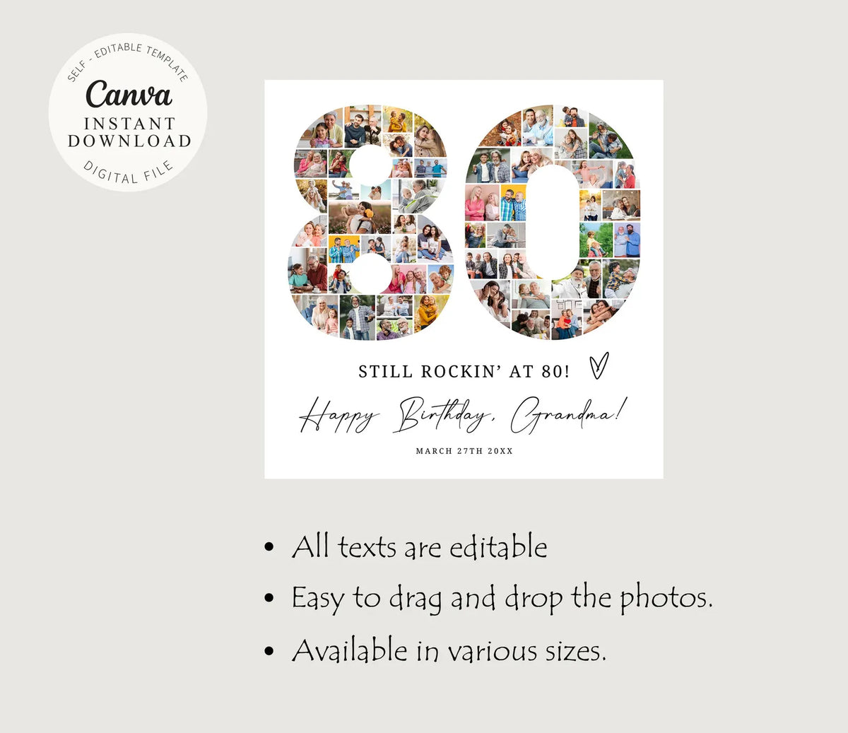 80th Birthday Photo Collage Template, Personalized 80th Birthday Gift for Grandma or Grandpa, Number Collage, Dad Gift, Birthday Gift, Canva 0562