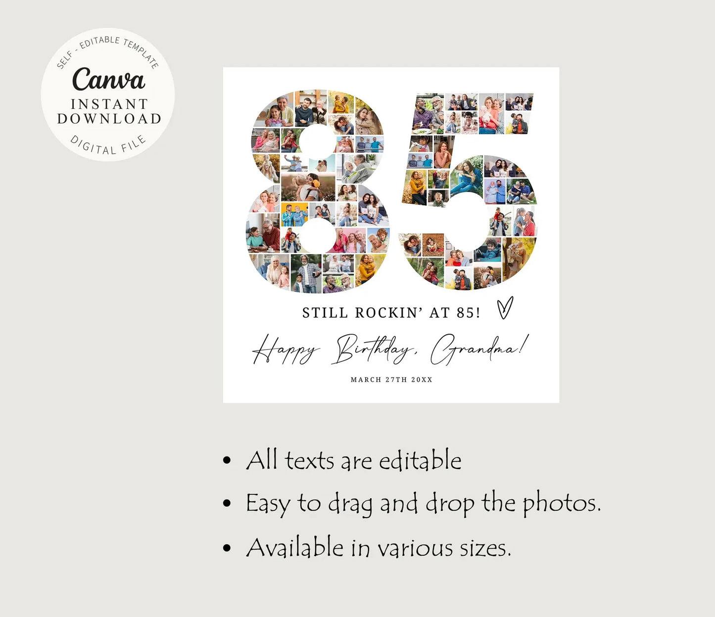 85th Birthday Editable Photo Collage, 85th Birthday Number Collage, 85th Birthday Decorations, 85th Birthday Ideas, Photo Collage Gift Canva 0586