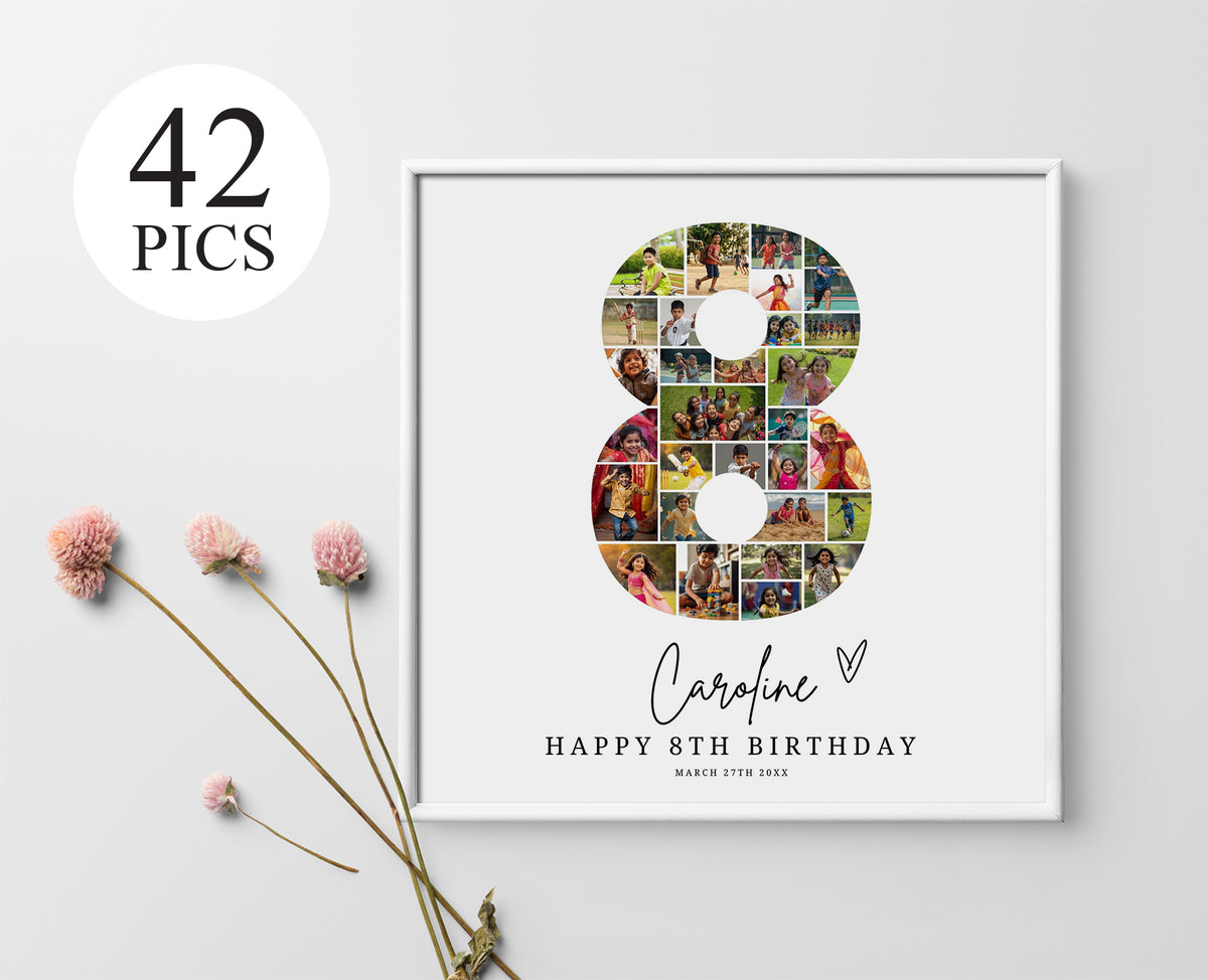 8th Birthday Photo Collage Template, Editable Number Eight, Canva (Digital Download) 0549