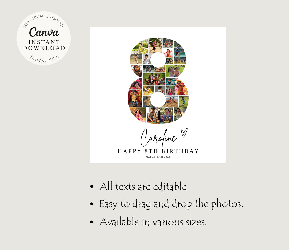 8th Birthday Photo Collage Template, Editable Number Eight, Canva (Digital Download) 0549