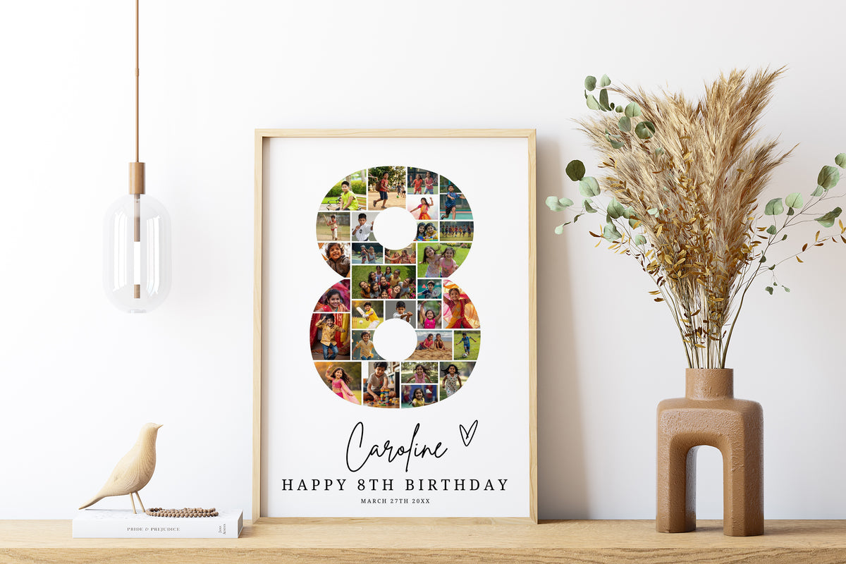 8th Birthday Photo Collage Template, Editable Number Eight, Canva (Digital Download) 0549