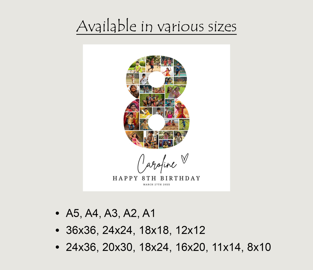 8th Birthday Photo Collage Template, Editable Number Eight, Canva (Digital Download) 0549