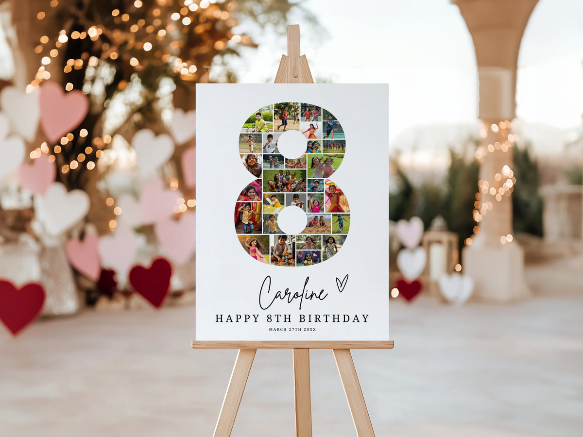 8th Birthday Photo Collage Template, Editable Number Eight, Canva (Digital Download) 0549