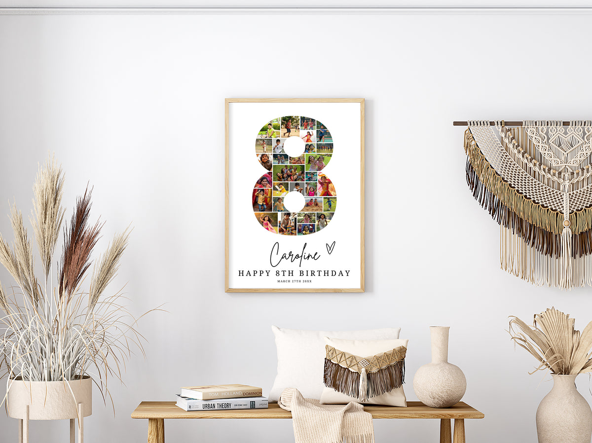 8th Birthday Photo Collage Template, Editable Number Eight, Canva (Digital Download) 0549