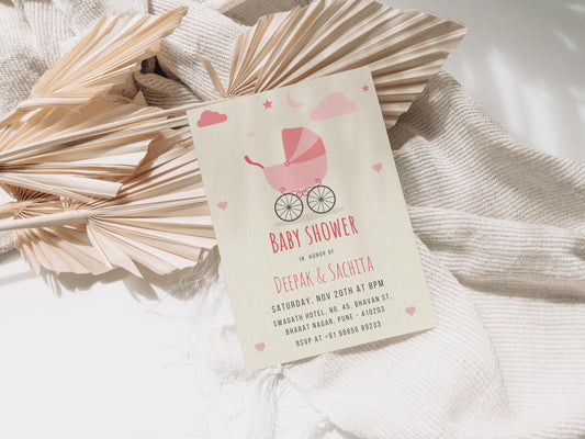 Vintage Stroller Baby Shower Invitation Template, Printable Invitation, Gender reveal, Evite, Digital Invite,  – BS036