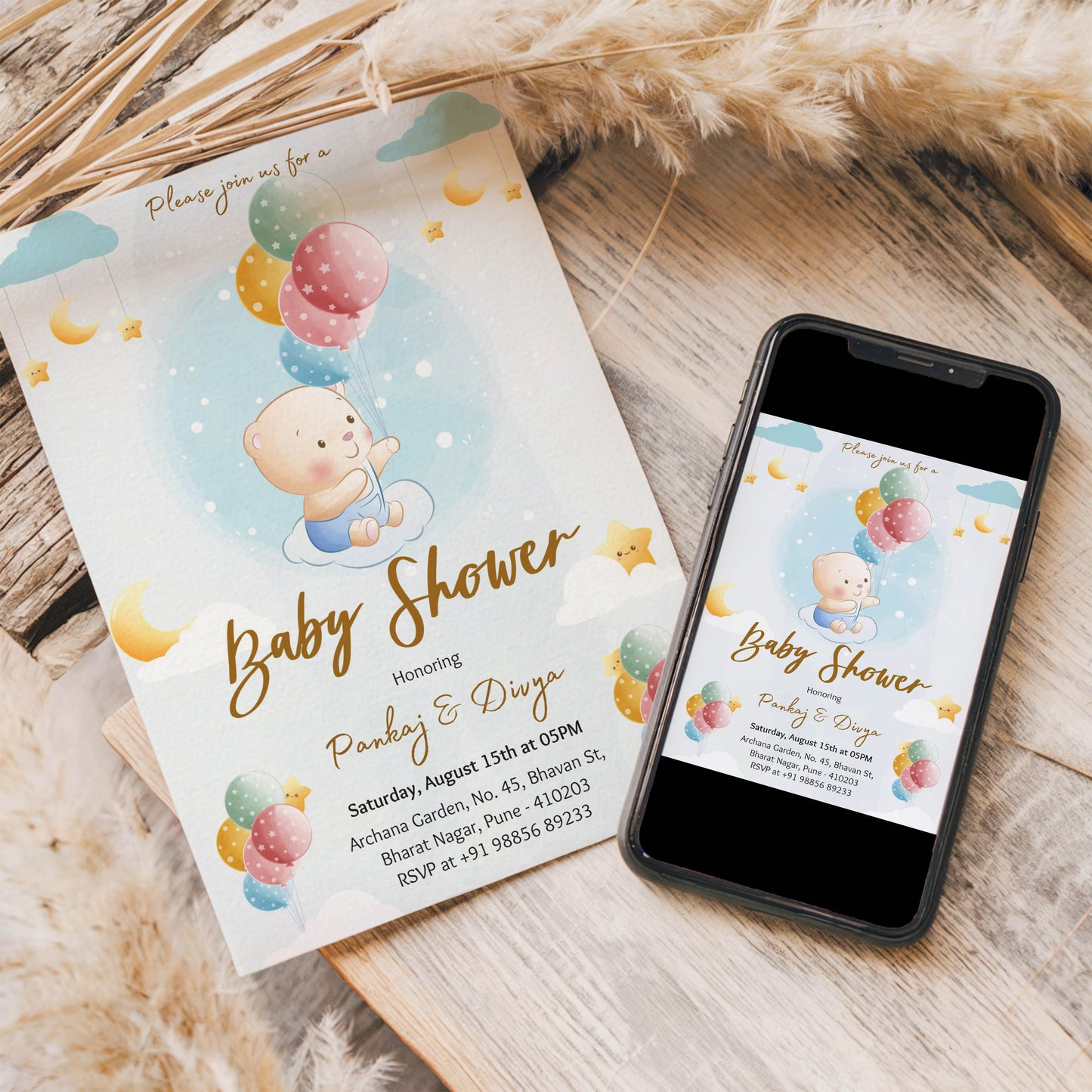 Panda Baby Shower Invitation Template, Printable Invitation, Gender reveal, Evite, Digital Invite, – BS002