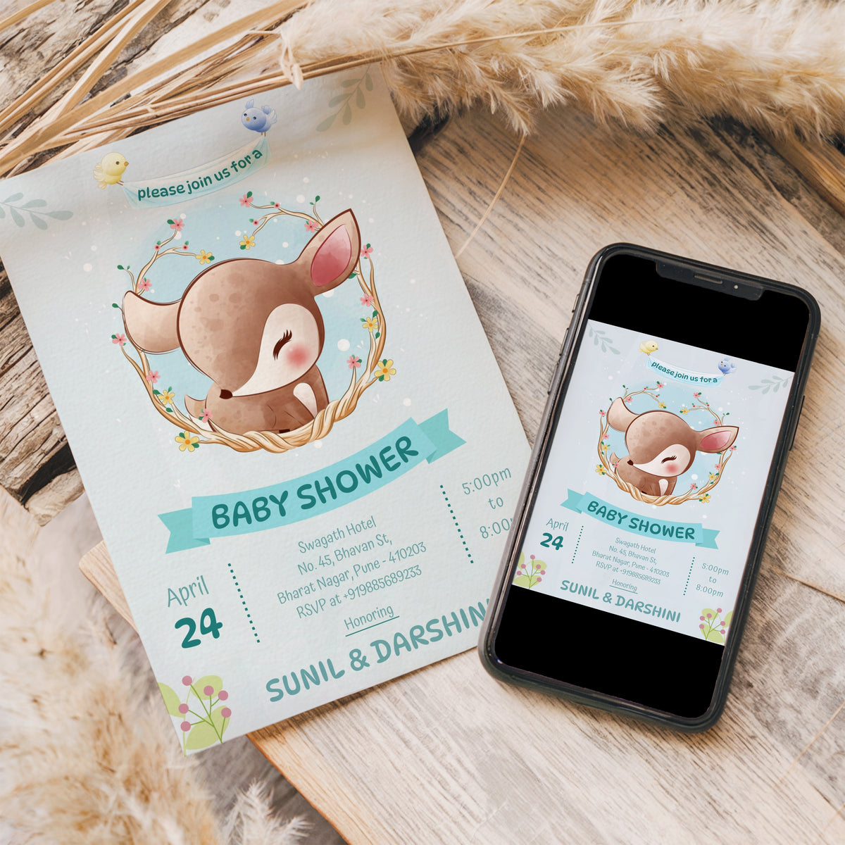 Fawn Baby Shower Invitation Template, Printable Invitation, Gender reveal, Evite, Digital Invite, – BS003