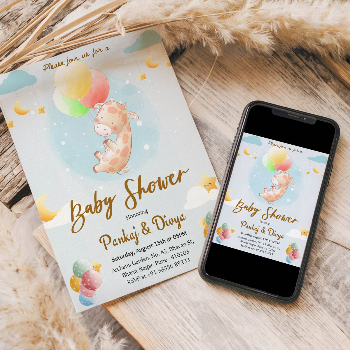 Giraffe Baby Shower Invitation Template, Printable Invitation, Gender reveal, Evite, Digital Invite,  – BS005