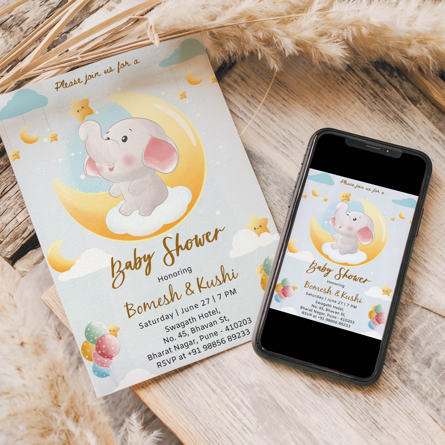Elephant Joy Baby Shower Invitation Template, Printable Invitation, Gender reveal, Evite, Digital Invite,  – BS009