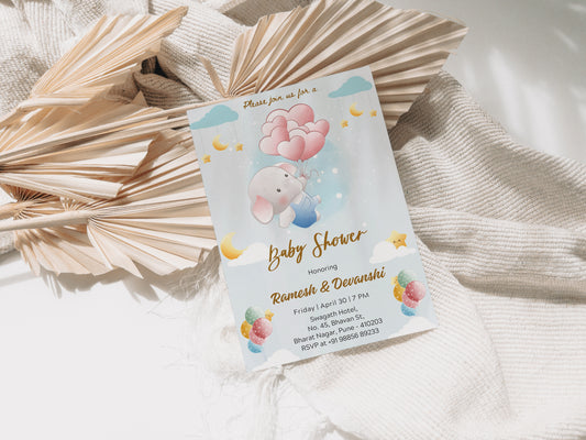 Flying Elephant Baby Shower Invitation Template, Printable Invitation, Gender reveal, Evite, Digital Invite, – BS010