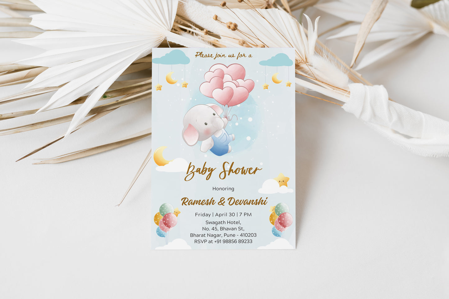 Flying Elephant Baby Shower Invitation Template, Printable Invitation, Gender reveal, Evite, Digital Invite, – BS010