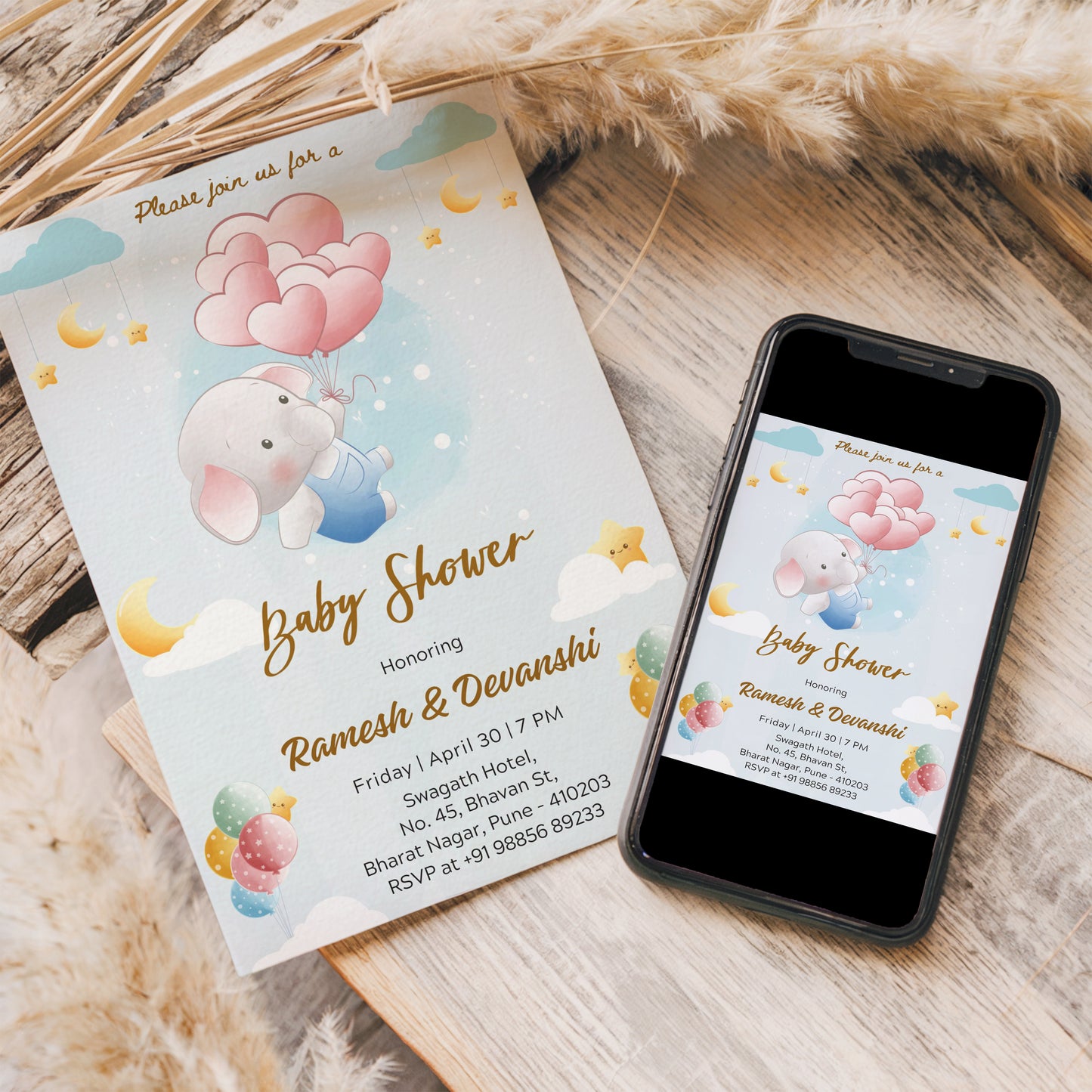 Flying Elephant Baby Shower Invitation Template, Printable Invitation, Gender reveal, Evite, Digital Invite, – BS010