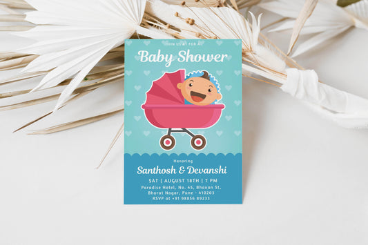 Stroller Baby Shower Invitation Template, Printable Invitation, Gender reveal, Evite, Digital Invite, – BS012
