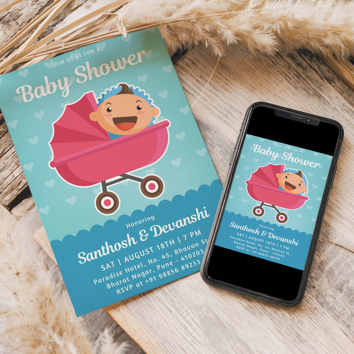 Stroller Baby Shower Invitation Template, Printable Invitation, Gender reveal, Evite, Digital Invite, – BS012