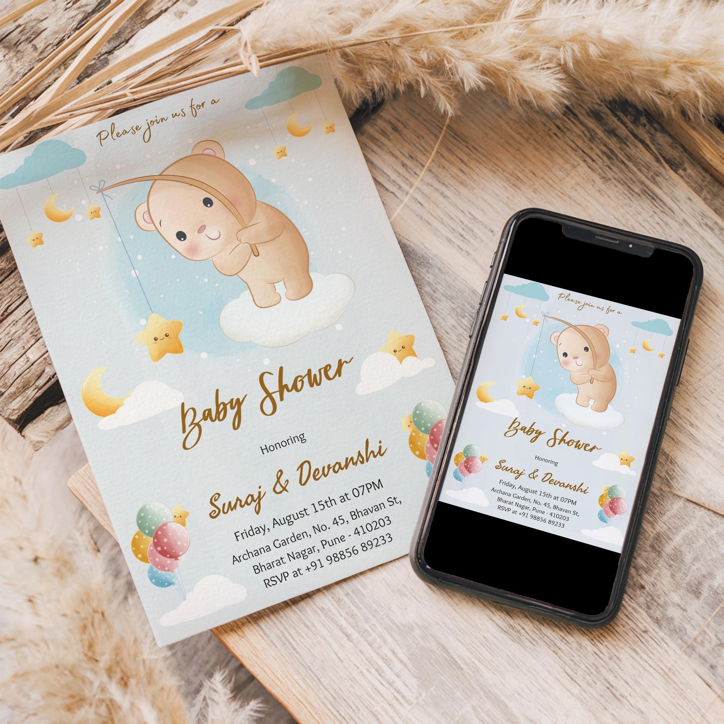 Fishing Panda Baby Shower Invitation Template, Printable Invitation, Gender reveal, Evite, Digital Invite, – BS018